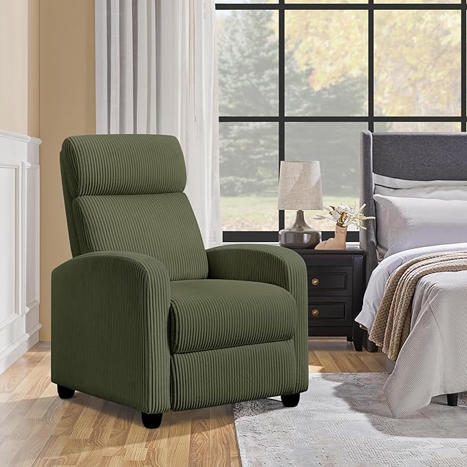 Topeakmart Corduroy Recliner Sofa Mid-Century Recliner Chair Single Reclining Chair Upholstered Sofa for Living Room Bedroom Home Theater Dark Green