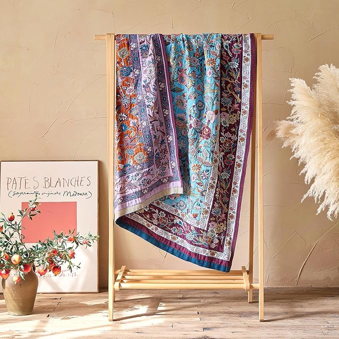 Boho Throw Blanket - 100% Cotton Ultra Soft Muslin Blanket, 50"x60" Lightweight Framhouse Bedding Spring Blanket for Bed, All Season Blue and Purple Floral Bohemian Bedroom Home Decor Quilt