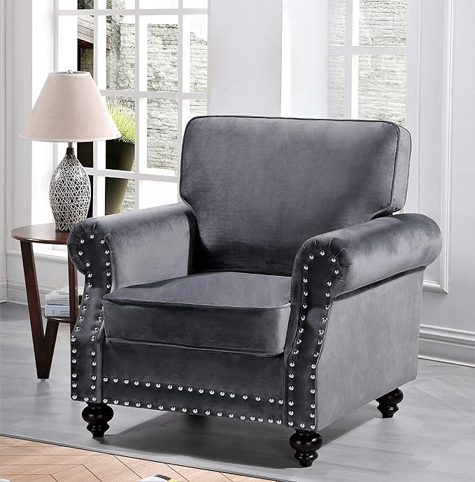 Lotus Mid Century Modern Velvet Upholstered Living Room Rolled Arms, Chair, Loveseat and Sofa, Grey