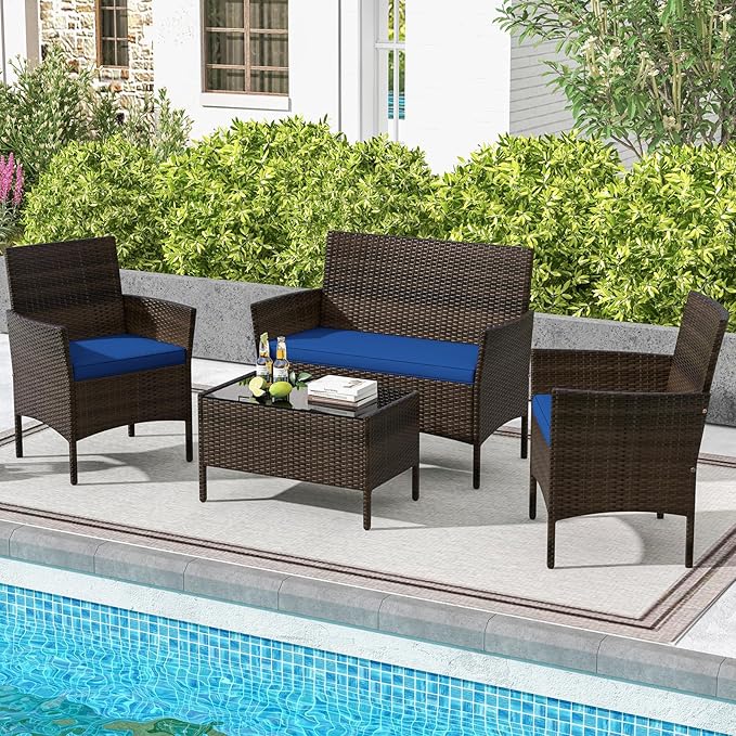 DORTALA Wicker Patio Furniture Set 4 Piece, Outdoor PE Rattan Table & Chairs Set with Tempered Glass Coffee Table, Loveseat, Cushions, Conversation Set for Balcony, Porch, Backyard, Deck, Navy