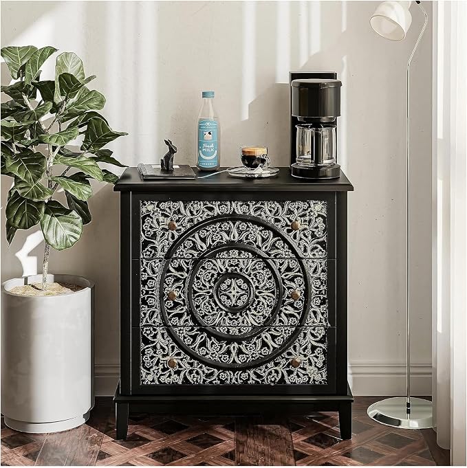 COZAYH 3-Drawer Fully-Assembled Flower Motif Dresser for French Country, Modern, Rustic Style, Distressed Finish, Gold & Black - Image 8