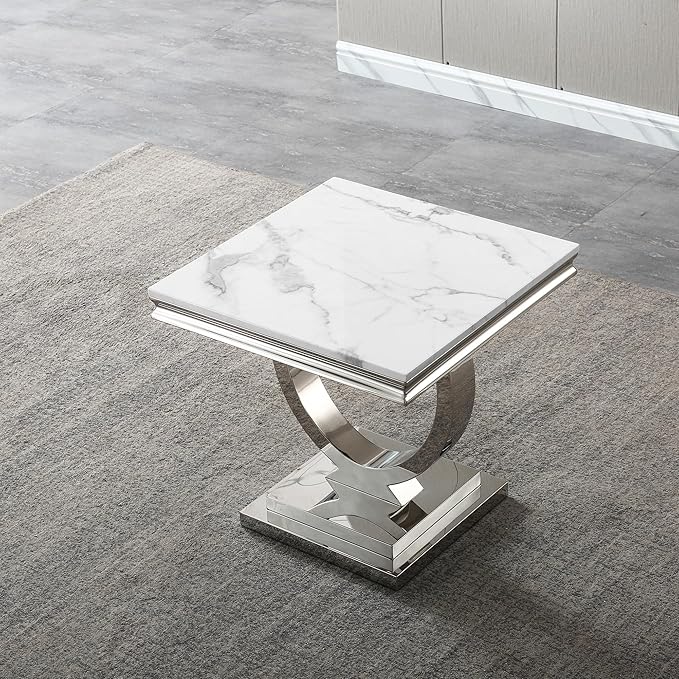 Modern Faux Marble End Table, Faux Marble Side Table with Geometric Frame, Rectangular Marble Center Table Tea Table Accent Furniture for Living Room, Simple Assembly (Silver)