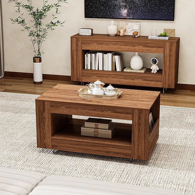39" Wood Coffee Table for Living Room, Sides Storage with Transparent Legs, Minimalist Farmhouse 2-Tier Storage Shelf Center Table for Home Office, Apartment, Walnut