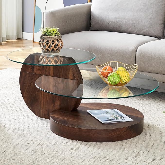 42" Glass Coffee Table, Round Coffee Table, 2-Tier Tempered Glass Tabletop with Walnut Base, Modern Center Table for Living Room, Home, Apartment, Ideal for Small Space
