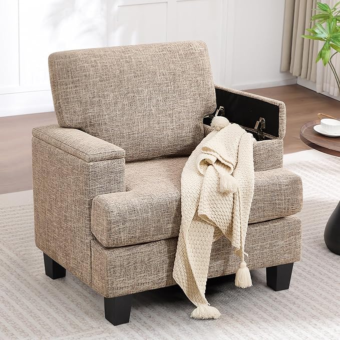 Accent Chairs Set of 2 with Armrest Storage, Modern Upholstered Reading Living Room Chairs, Comfy Large Armchairs, Fabric Single Sofa Chair for Bedroom (Yellowish Brown)