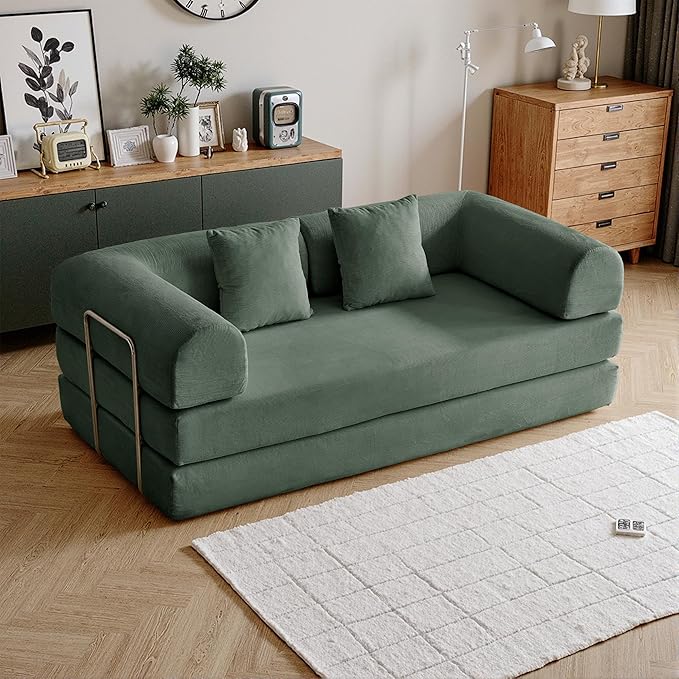 79'' Convertible Compressed Corduroy Folding Cloud Sofa Bed, 5 in 1 Modern Modular Boneless Pull Out Loveseat Sleeper in a Box, No Assembly Foldable Floor Futon Couch for Home, Green, Pillows, King