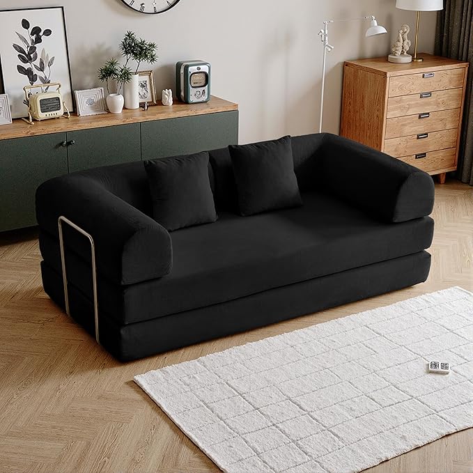 79'' Convertible Compressed Corduroy Folding Cloud Sofa Bed, 5 in 1 Modern Modular Boneless Pull Out Loveseat Sleeper in a Box, No Assembly Floor Mattress Futon Couch for Home, Black, Pillows, King