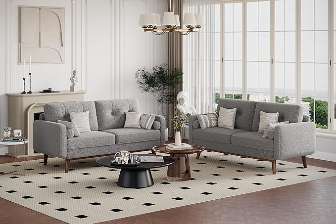 IDEALHOUSE 65" Mid Century Modern Couch Sofa Loveseat, Comfy Love Seat Couches for Living Room, 2 Seater Teddy Fleece Boucle Upholstered Deep Seat Couch for Bedroom Office Small Space, Grey