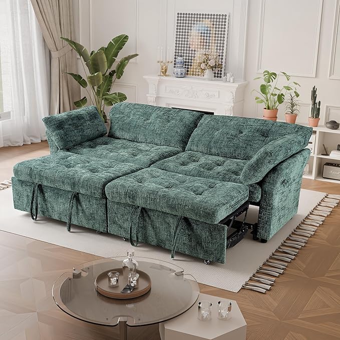 Casaphoria 3 in 1 Sleeper Sofa Bed Reclining Convertible Couch with USB & Wheels – Adjustable Lounge Chair for Living Room Apartment 3-Seater 89.8 Inch in Green