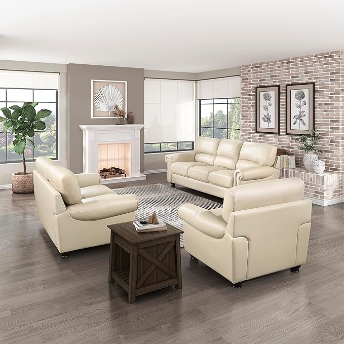 Lexicon Top Grain Leather Match Chair Accent Chairs for Living Room with Solid Wood Frame, Rolled Armrest & Nailhead Trim, Comfy Reading Chair for Bedroom, Office, Waiting Room, Cream