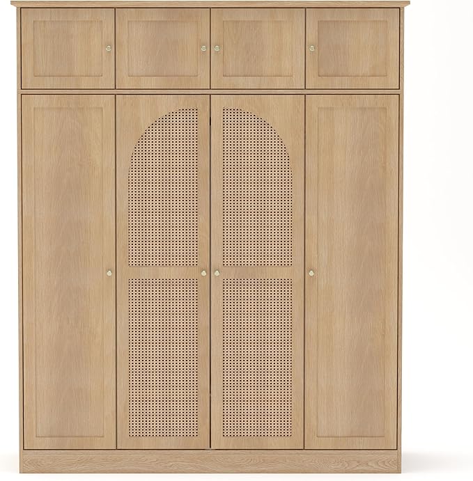 KEIKI Large 8 Doors Wood Wardrobe, Bedroom Tall Armoire Closet Organizer w/Rattan Decorative, Hanging Rails & Adjustable Shelves Clothes Storage Cabinet for Garage & Laundry Room, Brown