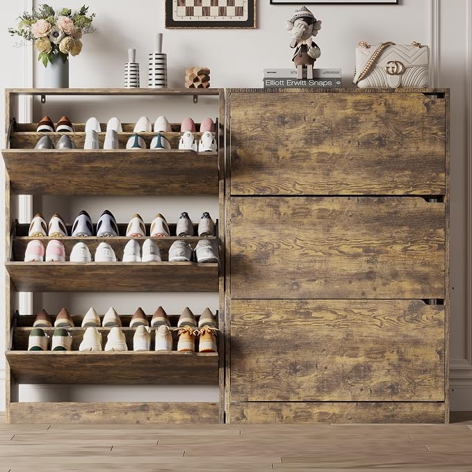 Xixini Shoe Storage Cabinet for Entryway with 3 Flip Drawers, Sturdy Wood Hidden Shoe Storage, Freestanding Narrow Slim Shoe Organizer for Front Door Entrance, Living Room, Hallway, Bedroom, Brown - Image 8