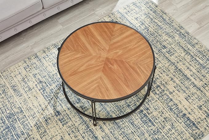 32" Round Glass Coffee Table with Glass Bottom, Black Circle Center Coffee Table with Wood Top & Metal Frame, Small Table for Living Room, Apartment (32" Dx32 Wx18 H, Black)