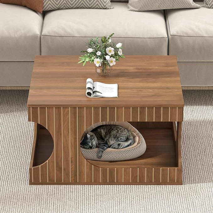 Square Coffee Table with Storage, 31.5" Hollow Cube Coffee Table, 2-Tier Mid-Century Modern Center Table with Arched Cutouts & Carved Lines for Living Room, Cat-Friendly Base (Walnut)