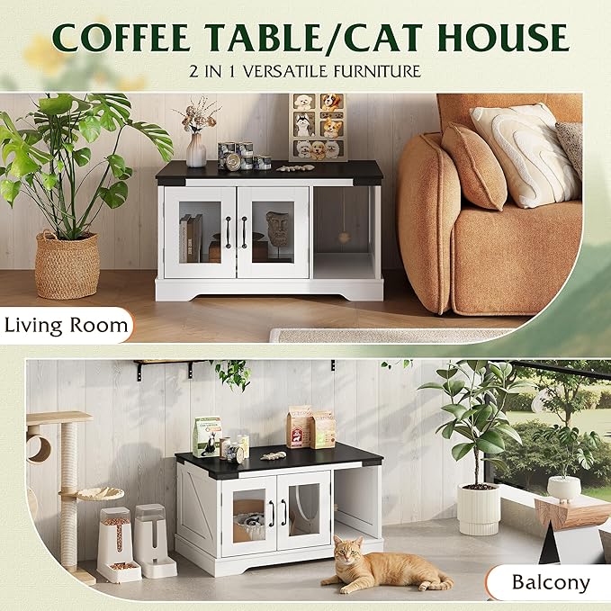 WLIVE Coffee Table with Storage, 2-in-1 Modern Center Table Cat House Furniture with Cat Teaser for Living Room, Home, Black