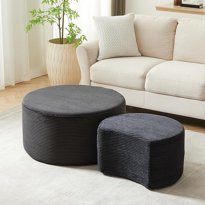 kevinplus 49.7'' Foam Round Nesting Coffee Table Set of 2, Modern Upholstered Side End Table Ottoman Footrest, No Assembly, Black
