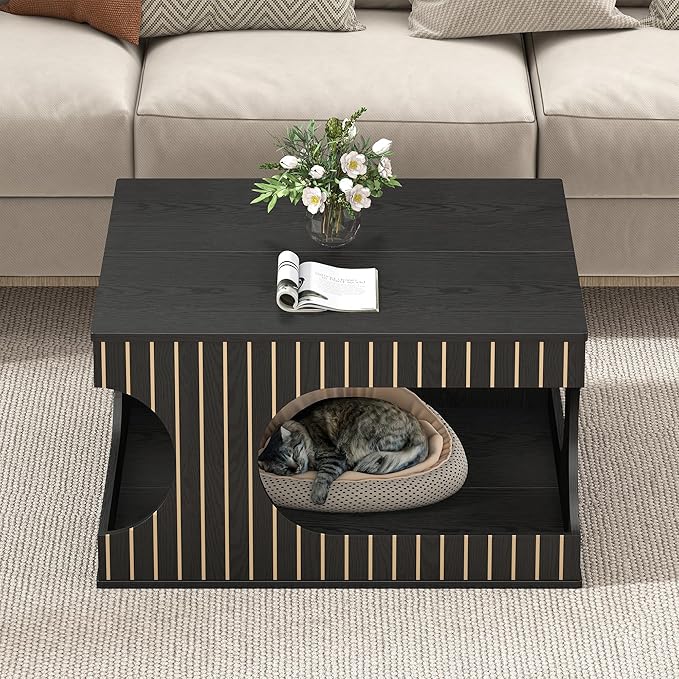 Square Coffee Table with Storage, 31.5" Hollow Cube Coffee Table, 2-Tier Mid-Century Modern Center Table with Arched Cutouts & Carved Lines for Living Room, Cat-Friendly Base (Black)