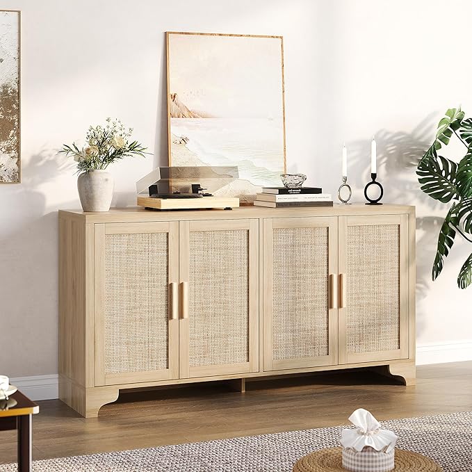 TV Stand for TVs Up to 65'', Natural Rattan Entertainment Center with Storage Cabinets, Boho Media Console Table for Living Room, Farmhouse Cabinet - Image 7