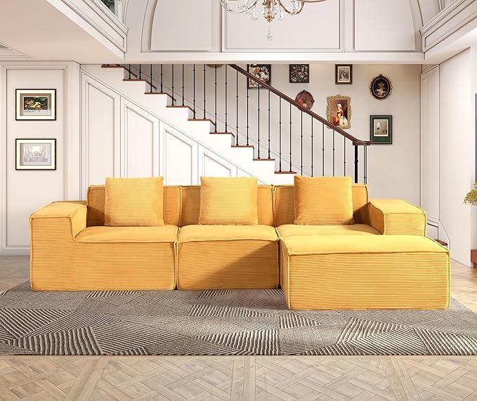 Compressed Sofa L Sectional, 112" Modular Cloud Couch with Ottoman, 23.2" Deep Seat Corduroy High-Back L-Shaped Sectional for Living Room/Bedroom, No Assembly, Ginger Yellow