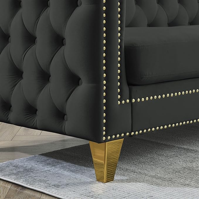 KEIKI 82.2" Tufted Velvet Corner Sofa, 5 Seat Couch, L-Shaped Sectional Couch for Living Room, Buttons Tufted Square Arm Couch for Home Apartment, Black