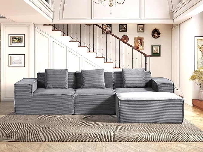 Rowan Convertible Corduroy Sectional Couch with Ottoman & Pillows, Modular L Shaped Sleeper Sofa, Boneless Cloud Couch for Living Room Furniture, Dark Grey