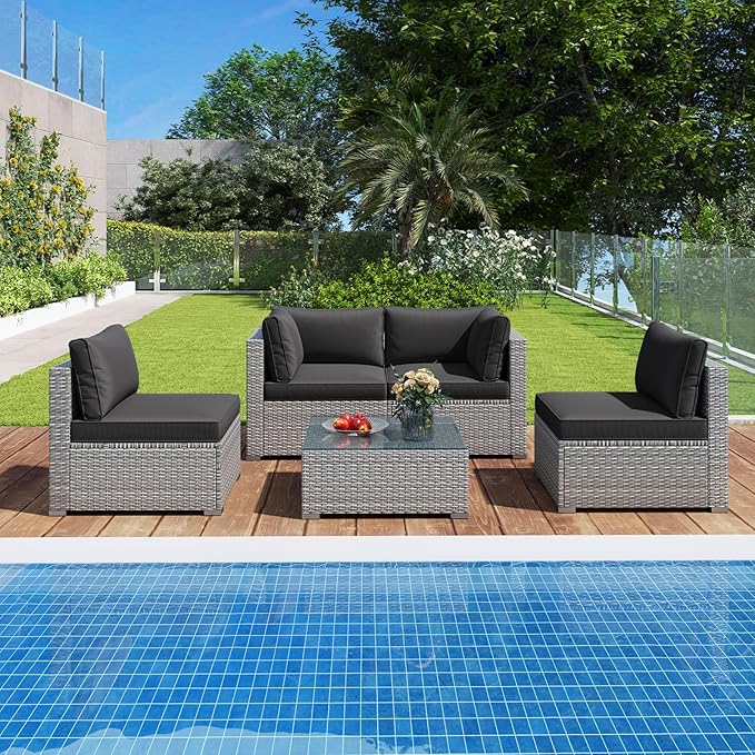 Tangkula 5-Piece Outdoor Patio Sectional Sofa Couch, PE Rattan Conversation Set w/Glass Coffee Table & Cushions, Outdoor Furniture Set w/Sturdy Metal Frame for Garden Poolside Backyard