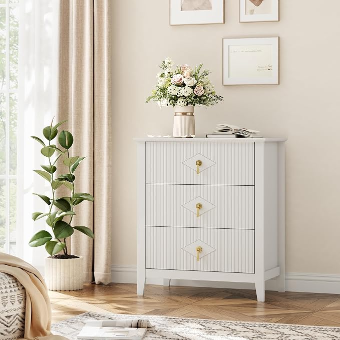 GarveeHome Wood Nightstand Fluted Dresser for Bedroom, 27.5" Wide 3-Drawer Bedside Tables, Modern Chest of Drawers, Storage End Table Living Room, Hallway, Entryway, White - Image 8