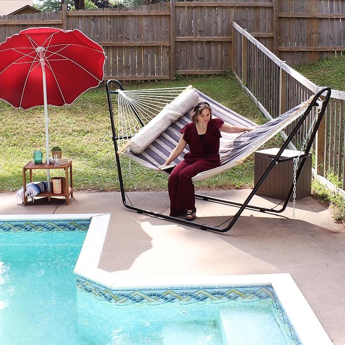 Sunnydaze Double Quilted Fabric Hammock with Universal Steel Stand - 450-Pound Capacity - Black Stand - Mountainside - Image 9