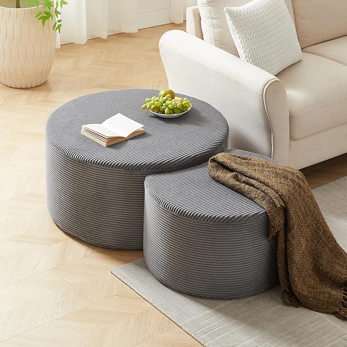 kevinplus 49.7'' Foam Round Nesting Coffee Table Set of 2, Modern Upholstered Side End Table Ottoman Footrest, No Assembly, Gray