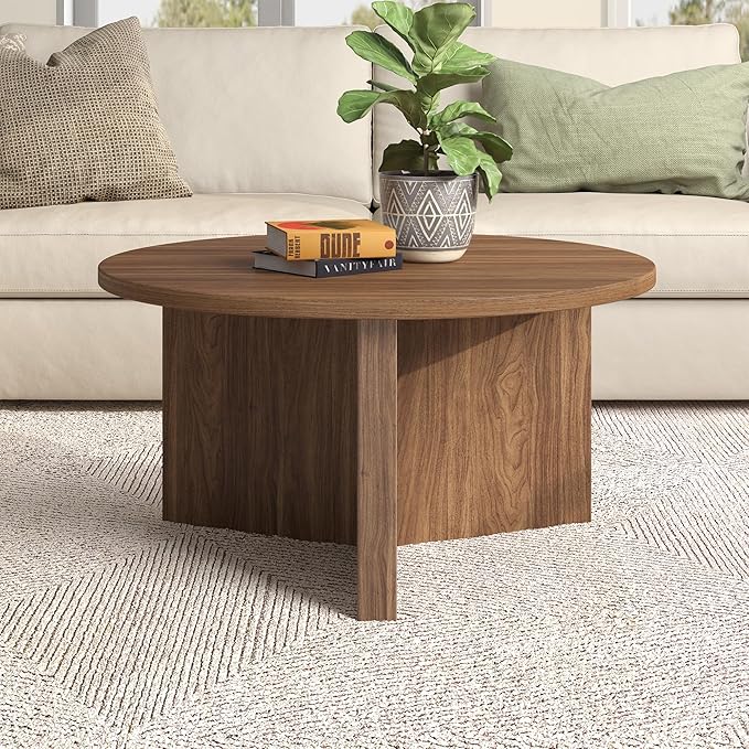 Henn&Hart 32" Round Wood Pedestal Coffee Table for Living Room, Family Room, Office, or Apartment, Medium Walnut