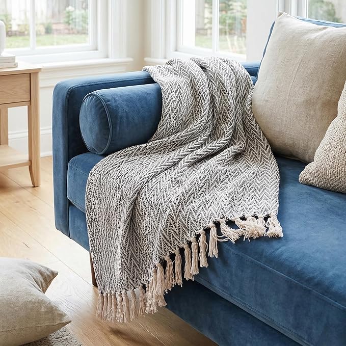 Americanflat 50x60 Throw Blanket - Soft and Breathable Cotton Throw Blanket for Couch, Bed, Chair - Decorative Blankets Perfect for Home, Office, or Outdoor Use - Black and Cream Chevron Design