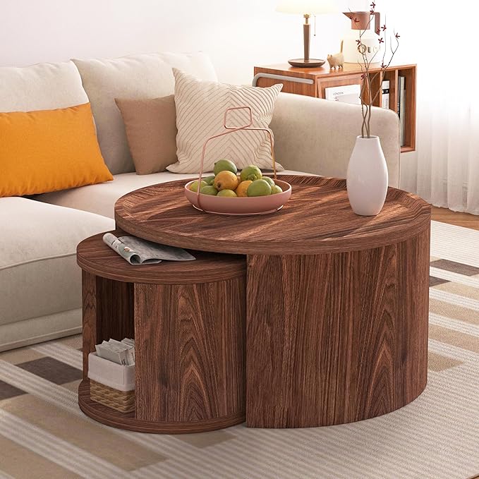 Round Nesting Coffee Table Set of 2, Mid Century Modern Circle Coffee Table, 31.5"&18" Wooden Circle Accent Tables with Wood Top, Minimalist Center Table, Space-Saving Side Table Set for Living Room
