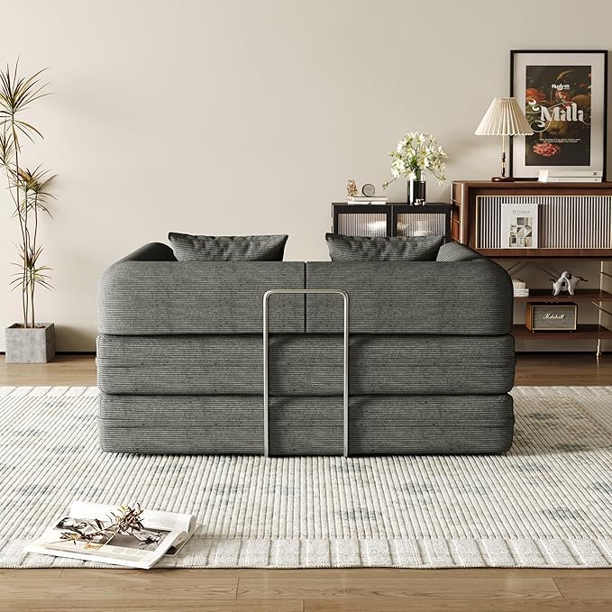 53.15'' Convertible Compressed Corduroy Folding Cloud Sofa Bed, Modern Boneless Pull Out Loveseat Sleeper in a Box, 4 in 1 Floor Mattress Futon Cloud Couch, No Assembly Needed, Grey, 2 Pillows, Full