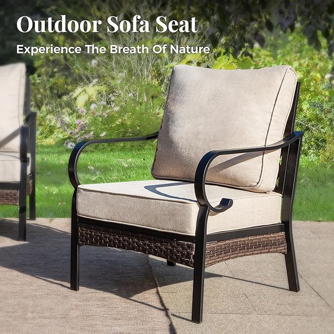 Patio Furniture Set with Coffee Table, Outdoor Conversation Set with 2 x Fixed Chairs, 1 x 2-Seat Sofa, 1 x 3-Seat Sofa for Lawn Garden Backyard, Beige