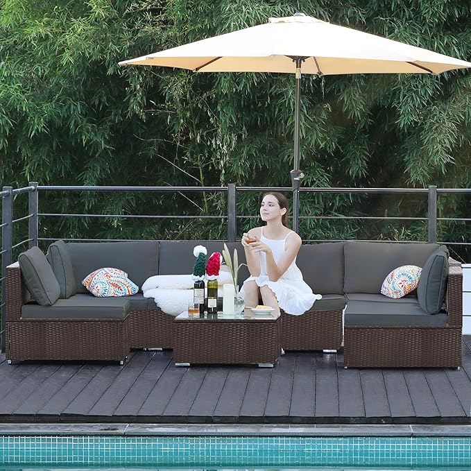 7-Piece Patio Furniture Set - Outdoor Sectional Sofa Set with Cushions and Glass-Top Coffee Table for Gardens, Poolside, Backyards and Porches, Wine/Grey