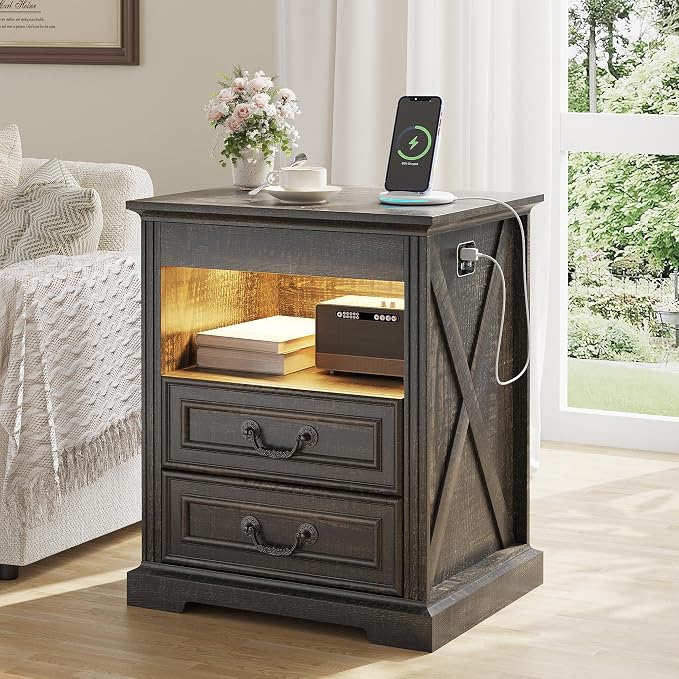 Dystler Night Stand with Gun Drawer, Bedside Table with LED Light & Human Sensor, Nightstand Gun Safe with 2 Drawers for Bedroom, Farmhouse End Table with Charger Station, Rustic Brown - Image 8