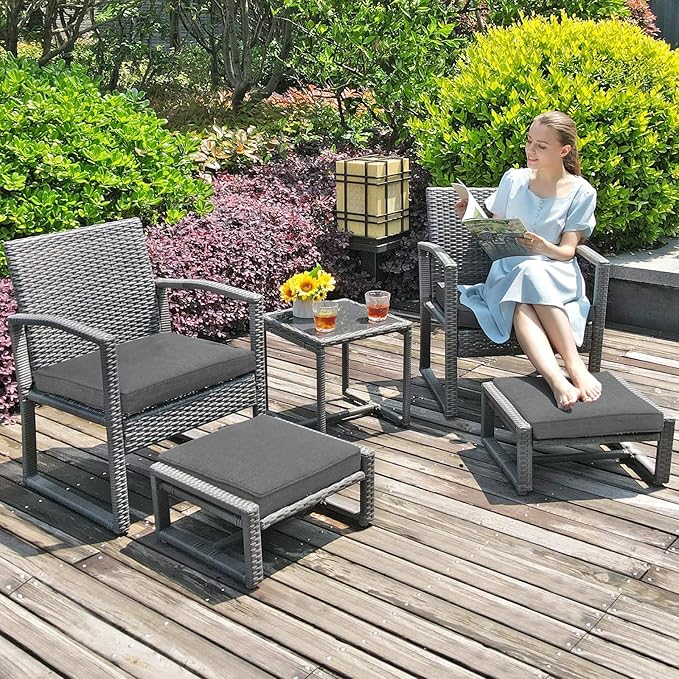 Patiorama 5 Piece Outdoor Patio Wicker Furniture Set, All Weather Grey PE Rattan Chair and Ottoman Footstool Set, W/Coffee Table, Cushions (Dark Grey) for Garden, Balcony, Porch, Space Saving Design
