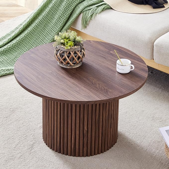 JUFU Round Coffee Table with Storage, 27.5IN Minimalist Fluted Coffee Table Circle Wood Center Table for Living Room (Walnut Coffee Table)