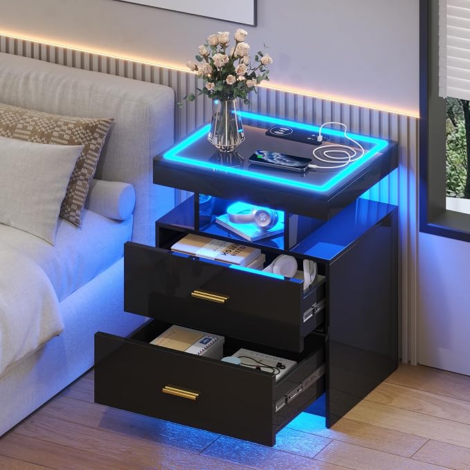 LED Nightstand Set 2 with Wireless Charging Station,Black Night Stand with 2 Drawers,Glass Top Smart Bedside Table,Modern End Table Side for Bedroom,Living Room,Office - Image 8