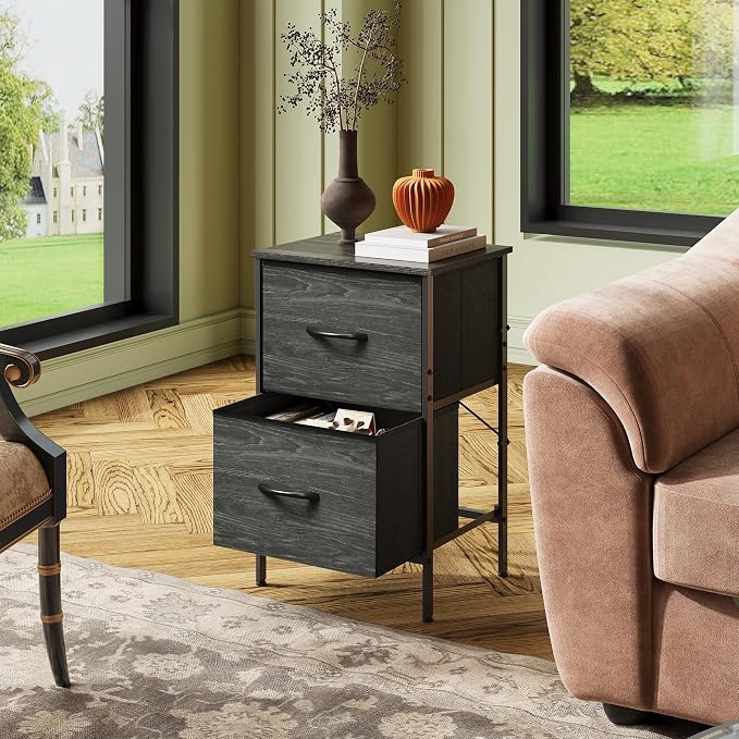 WLIVE Nightstand, Nightstand with 2 Drawers, Bedside Furniture, Night Stand, Small Dresser for Bedroom, College Dorm, End Table with Fabric Bins, Dormitory, Charcoal Black Wood Grain Print - Image 8