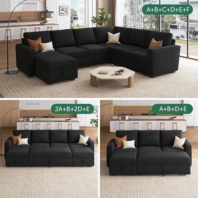 HONBAY Storage Ottoman Module for Sectional Sleeper Sofa with Pull Out Bed, Movable Footrest Ottoman for Modular Couch, Velvet Black