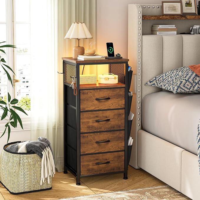 EnHomee Nightstand Set of 2, Night Stand with Charging Station & LED, Bedside Table with Fabric Drawers and Storage Shelf, Sturdy Steel Frame, Wood Top, Cloth Bags, Hooks, Brown - Image 8