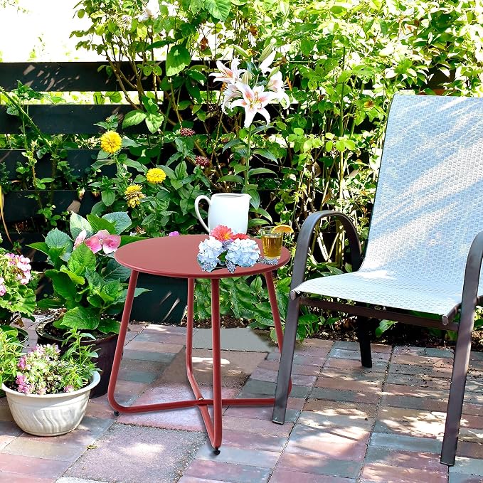Meluvici Patio Small Side Table Waterproof Round Metal Steel Weather Resistant Portable Outdoor and Indoor End Table for Garden Balcony Yard, Red - Image 9