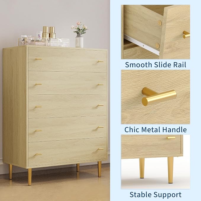 Farmhouse 5 Drawers Dresser for Bedroom, 44 in Tall Natural Dresser Wood Rustic Chest of Drawers with Large Drawers & Bar Handles,Natural Texture,Drawer Organizer for Living Room,Hallway and Entryway - Image 6