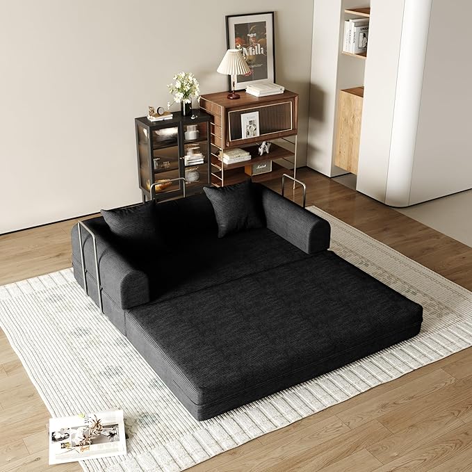 59'' Convertible Compressed Corduroy Folding Cloud Sofa Bed, Modern Boneless Pull Out Loveseat Sleeper in a Box, 4 in 1 Floor Mattress Futon Cloud Couch, No Assembly Needed, Black, 2 Pillows, Queen