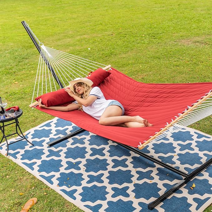 Lazy Daze Hammocks 2 Person Double Quilted Fabric Hammock with Spreader Bar, Detachable Pillow, Side Pocket, Carabiners, Chains, Straps for Outdoor, 450lbs Capacity, Burgundy - Image 8