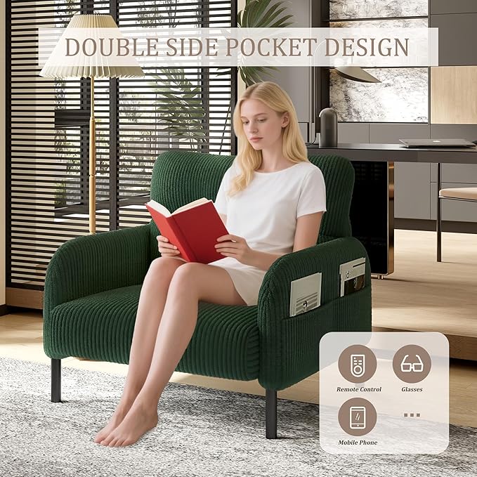 KEIKI 26" Corduroy Single Sofa Chair with Double Side Pockets & High Resilience Cushion, Modern Ergonomic Design Upholstery Oversized 1-Seater Accent Chair, Easy Assembly, for Living Room, Emerald