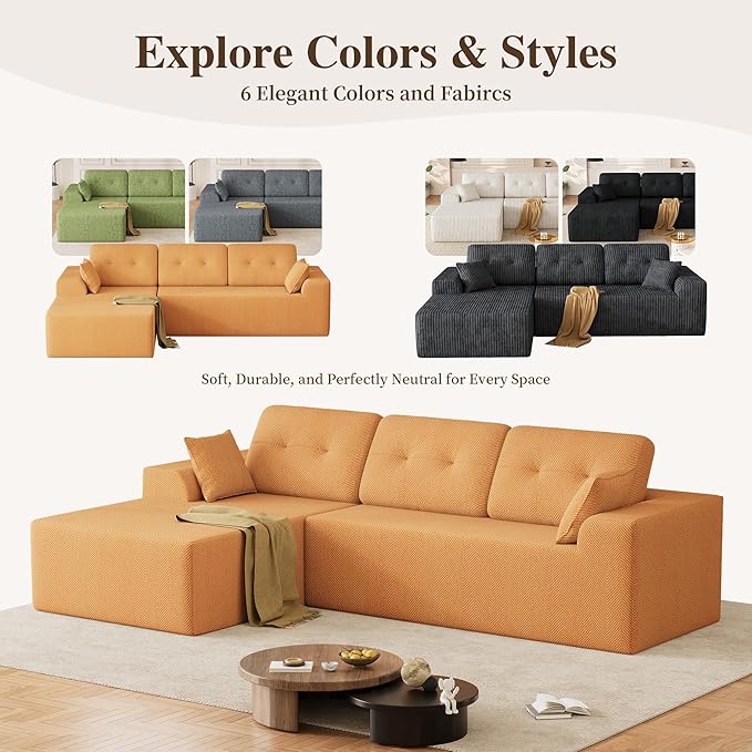 Ball & Cast 106" Cloud Sectional Couch, Compressed L-Shaped Sofa with Deep Seat Chaise, Boneless No Assembly Modular Couch, Foam & Spring Support, 2 Boxes (Left Facing, Chenille Orange)