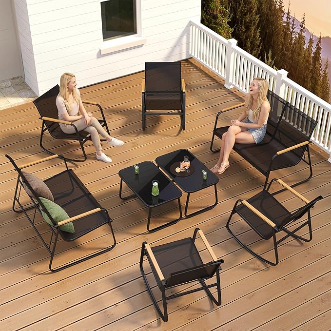 Ahomly 8-Piece Outdoor Patio Furniture Set, Textilene Conversation Set with Rocking Chairs, Loveseat, and Tempered Glass Coffee Table, for Lawn, Garden, Balcony, Poolside (Black)