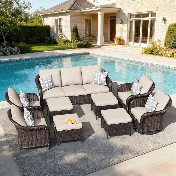 9 PCS Outdoor Conversation Set | 78" Couch, 2 Swivel Chairs, 2 Chairs, 4 Ottomans, Patio Wicker Conversation Furniture with Removable Cushions for Bistro, Deck, Sunroom (Beige)